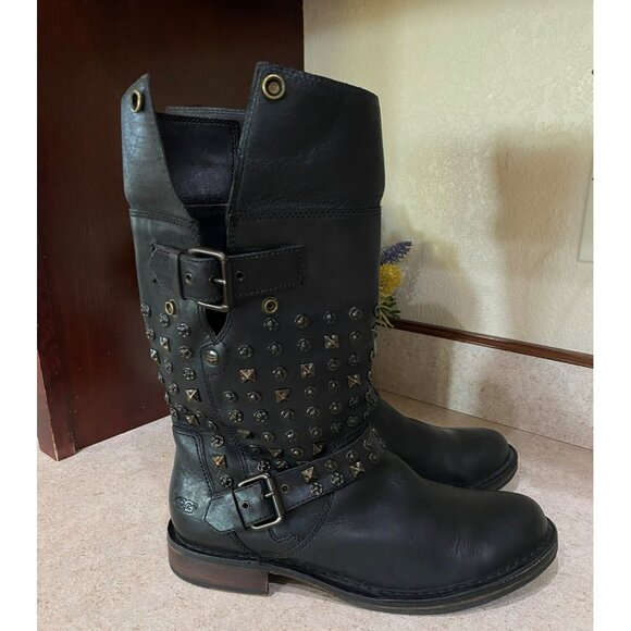 UGG Conor Studs Black Leather Mid-Calf Boots Womens Size 9 With Decorative Studs - Picture 3 of 11